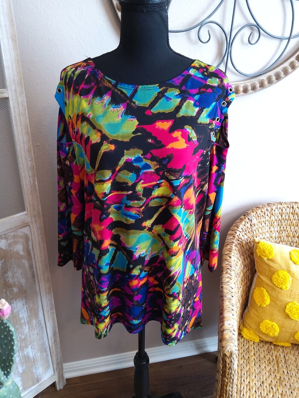 Peck & Peck Multicolor Cold-Shoulder Abstract Print Top